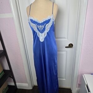 Vintage Fantasy Nightwear By Janet Lee Size M Long Blue Nightgown Lace Lingerie